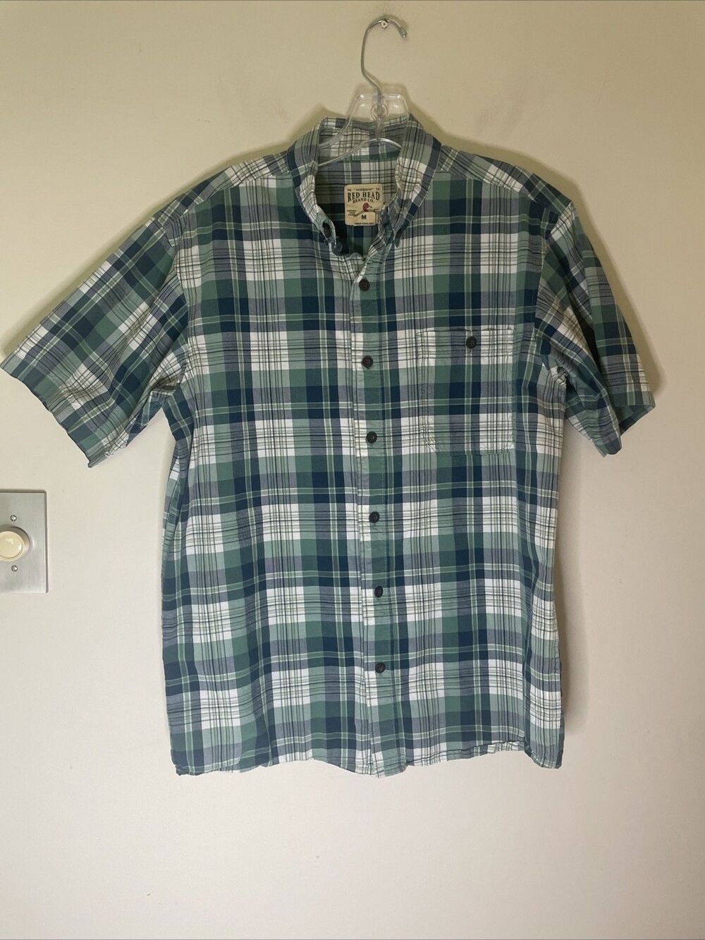 Red Head Plaid Men’s Button Up Shirt Redhead Blue Green Size M